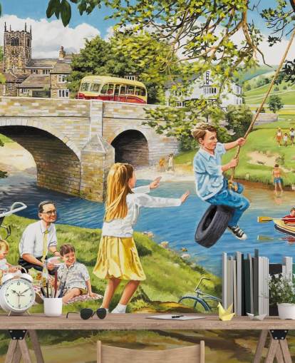 carta da parati murale colorata di epoca passata chiamata Picnic on the Riverbank di Trevor Mitchell per case di cura