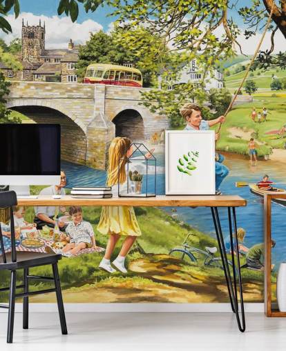 farverigt tapetmaleri fra svunden æra kaldet Picnic on the Riverbank af Trevor Mitchell til plejehjem farverigt tapetmaleri fra svunden æra kaldet Picnic on the Riverbank af Trevor Mitchell til plejehjem