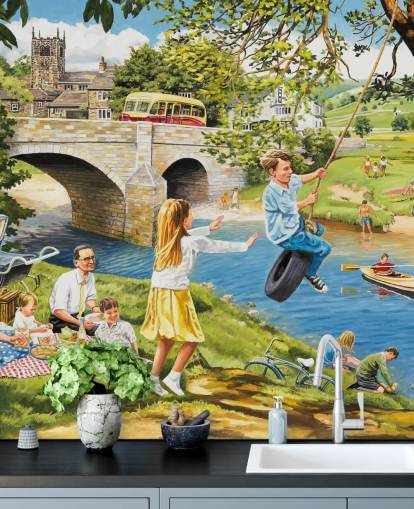 colorful bygone era wallpaper mural called Picnic on the Riverbank by Trevor Mitchell for care homes