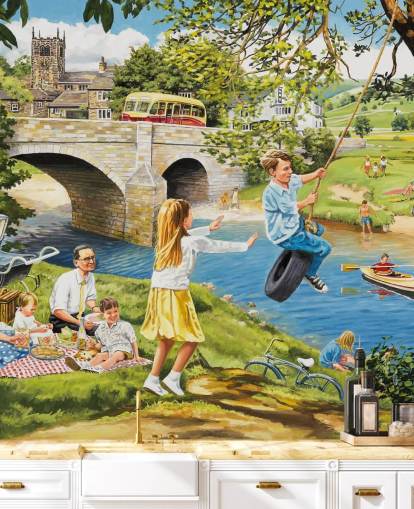 colorful bygone era wallpaper mural called Picnic on the Riverbank by Trevor Mitchell for care homes colorful bygone era wallpaper mural called Picnic on the Riverbank by Trevor Mitchell for care homes