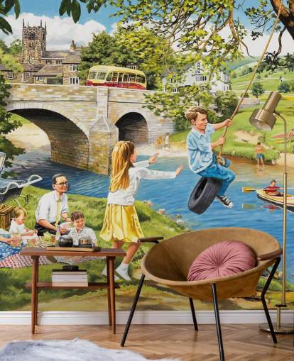 färgglad tapetväggmålning från svunnen tid som heter Picnic on the Riverbank av Trevor Mitchell för vårdhem