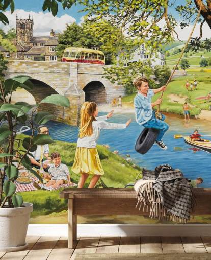 colourful bygone era wallpaper mural called Picnic on the Riverbank by Trevor Mitchell for care homes
