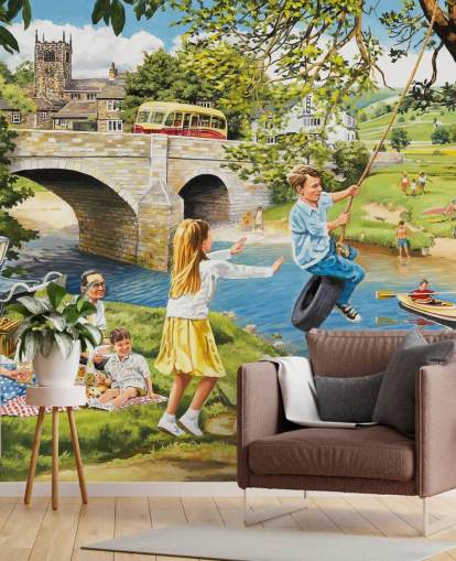 colorful bygone era wallpaper mural called Picnic on the Riverbank by Trevor Mitchell for care homes