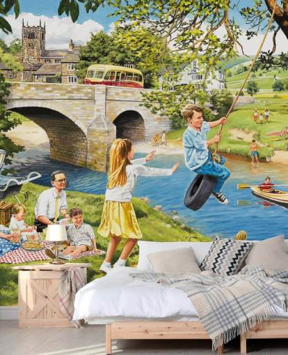 farbenfrohes Tapeten-Wandbild aus vergangenen Zeiten mit dem Titel Picnic on the Riverbank von Trevor Mitchell für Pflegeheime