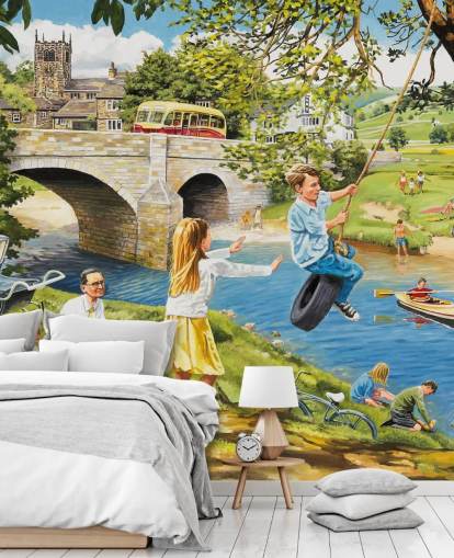 colorido mural de papel pintado de la época pasada llamado Picnic on the Riverbank de Trevor Mitchell para residencias de ancianos colorido mural de papel pintado de la época pasada llamado Picnic on the Riverbank de Trevor Mitchell para residencias de ancianos