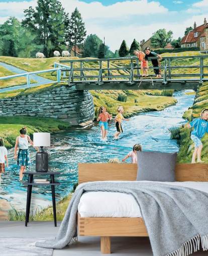 bambini che giocano sulla riva del fiume e bastoni pooh sulla carta da parati del ponte bambini che giocano sulla riva del fiume e bastoni pooh sulla carta da parati del ponte