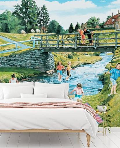 children playing by the river bank and pooh sticks on the bridge wallpaper