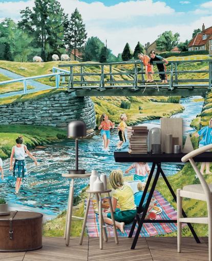 bambini che giocano sulla riva del fiume e bastoni pooh sulla carta da parati del ponte