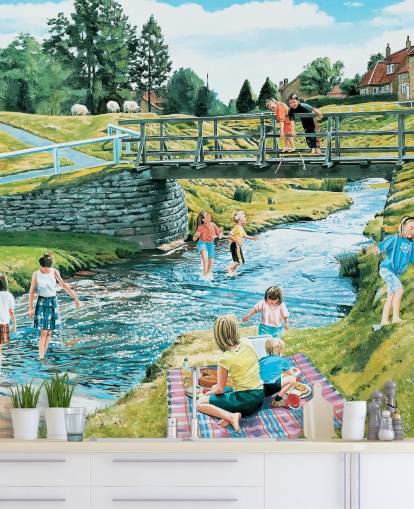 children playing by the river bank and pooh sticks on the bridge wallpaper