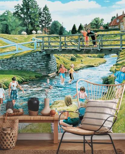 children playing by the river bank and pooh sticks on the bridge wallpaper