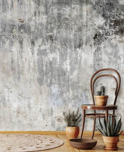 mural de papel pintado con efecto hormigón gris y blanco llamado Smooth and Old para dormitorios y cocinas