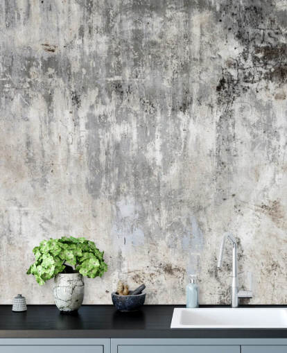 mural de papel pintado con efecto hormigón gris y blanco llamado Smooth and Old para dormitorios y cocinas