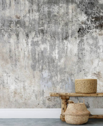 mural de papel de parede com efeito de concreto cinza e branco chamado Smooth and Old para quartos e cozinhas