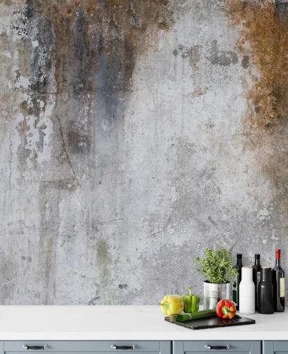 mural de papel de parede de concreto personalizável cinza e marrom chamado Aged Concrete para cozinhas