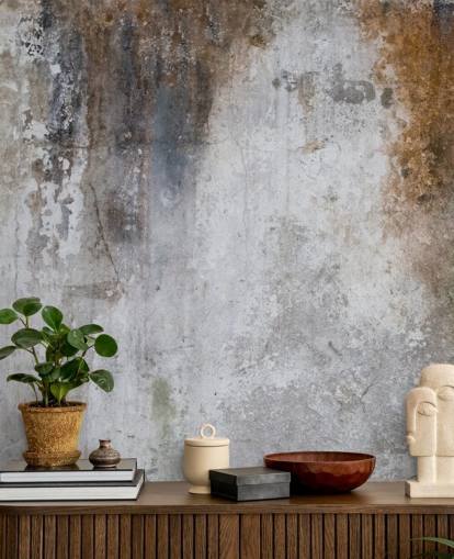 mural de papel de parede de concreto personalizável cinza e marrom chamado Aged Concrete para cozinhas