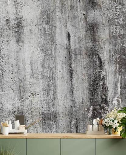 grijze en zwarte industriële behangmuurschildering genaamd Blackened by Time voor slaapkamers en keukens