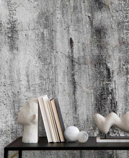 mural de papel pintado industrial gris y negro llamado Blackened by Time para dormitorios y cocinas