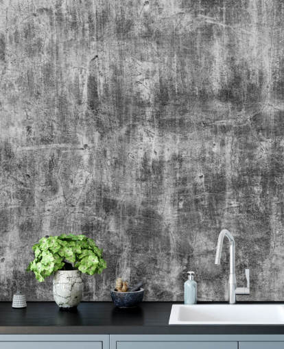 black and white concrete effect wallpaper called Black and White Industry for bedrooms and kitchens
