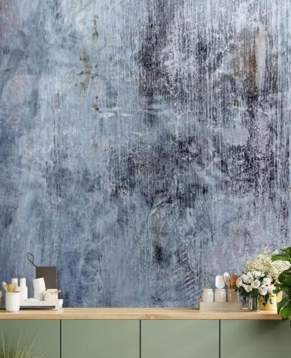 mural de papel pintado azul con efecto hormigón para cocinas y salas de estar de Wallsauce