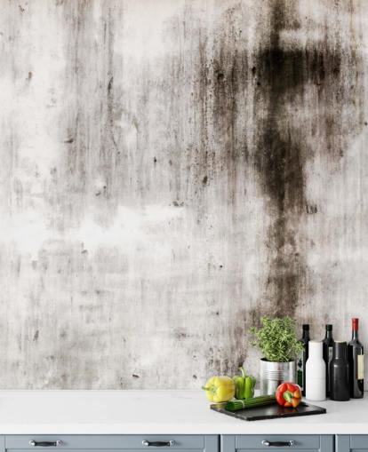 mural de papel pintado industrial gris y negro llamado One Place Black para cocinas y dormitorios modernos de Wallsauce