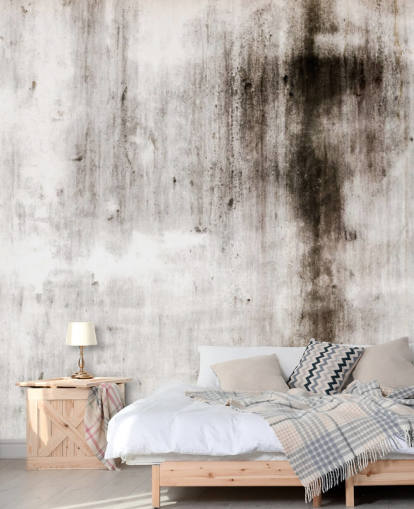 grey and black industrial wallpaper mural called One Place Black for modern kitchens and bedrooms by Wallsauce