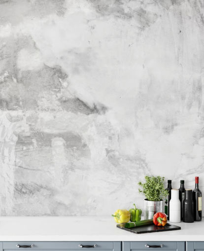 mural de papel pintado gris y blanco con efecto yeso de cemento en Wallsauce para dormitorios, cocinas y salas de estar