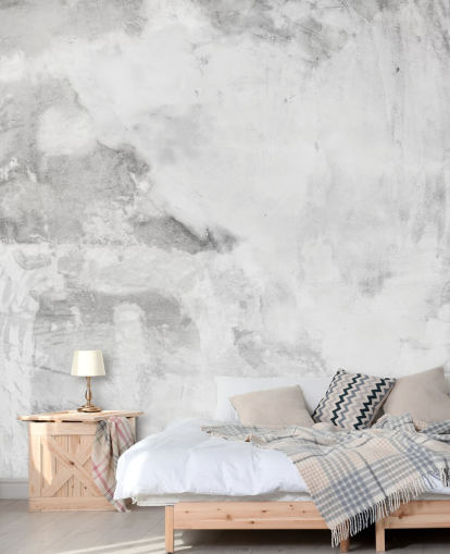 mural de papel pintado gris y blanco con efecto yeso de cemento en Wallsauce para dormitorios, cocinas y salas de estar