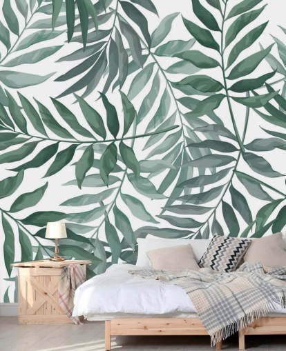 papier peint feuille verte et blanche