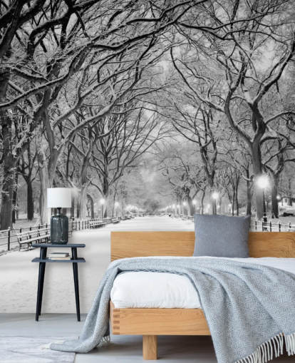 mural de papel de parede monocromático personalizado de Nova York chamado Central Park Covered in Snow para salas de estar ou salas de jantar