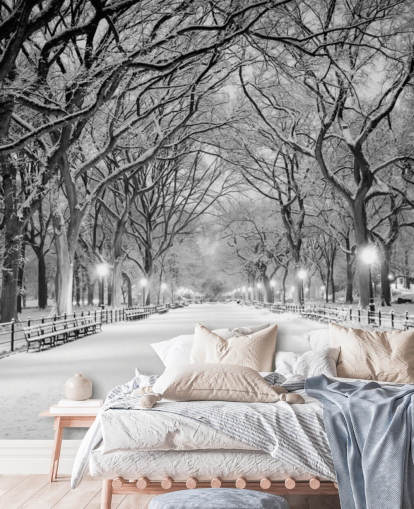 monochrome custom New York wallpaper mural called Central Park Covered in Snow for living rooms or dining rooms