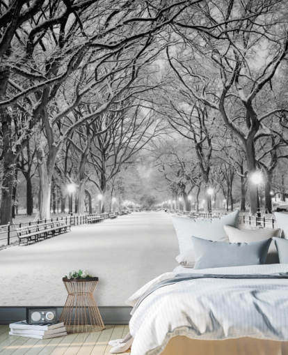 mural de papel pintado monocromo personalizado de Nueva York llamado Central Park cubierto de nieve para salas de estar o comedores