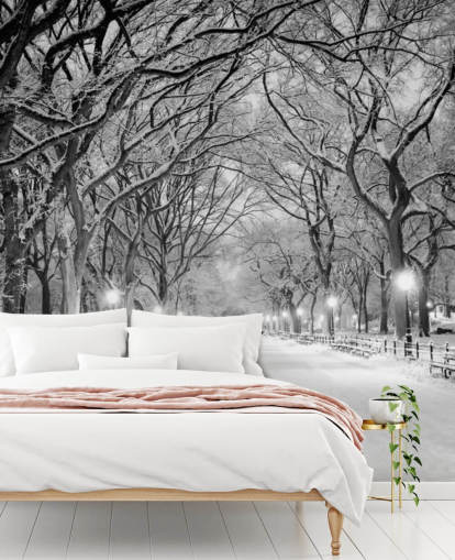 mural de papel pintado monocromo personalizado de Nueva York llamado Central Park cubierto de nieve para salas de estar o comedores