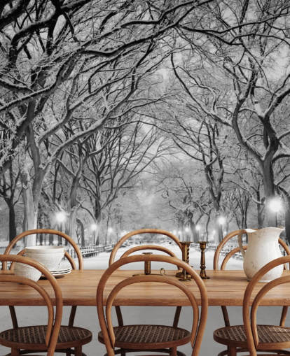mural de papel de parede monocromático personalizado de Nova York chamado Central Park Covered in Snow para salas de estar ou salas de jantar mural de papel de parede monocromático personalizado de Nova York chamado Central Park Covered in Snow para salas de estar ou salas de jantar