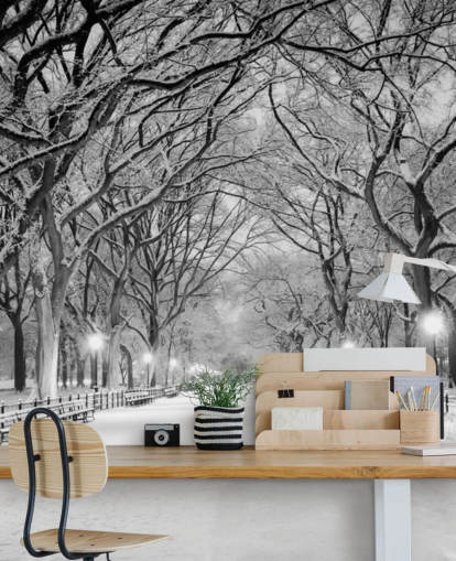 monochrome custom New York wallpaper mural called Central Park Covered in Snow for living rooms or dining rooms