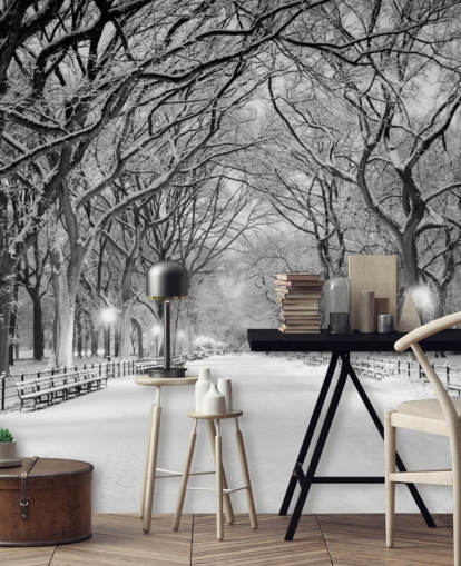 papier peint mural monochrome personnalisé de New York appelé Central Park Covered in Snow pour les salons ou les salles à manger