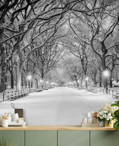 monochrome op maat gemaakte New Yorkse muurschildering genaamd Central Park Covered in Snow voor woonkamers of eetkamers