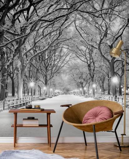 monochrome custom New York wallpaper mural called Central Park Covered in Snow for living rooms or dining rooms monochrome custom New York wallpaper mural called Central Park Covered in Snow for living rooms or dining rooms