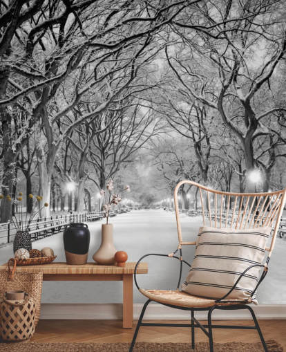monochrome custom New York wallpaper mural called Central Park Covered in Snow for living rooms or dining rooms