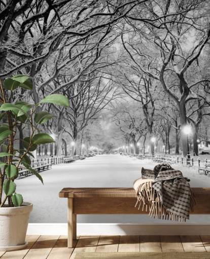 monokrom anpassad New York tapetväggmålning som heter Central Park täckt i snö för vardagsrum eller matsalar monokrom anpassad New York tapetväggmålning som heter Central Park täckt i snö för vardagsrum eller matsalar