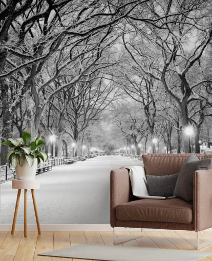 mural de papel pintado monocromo personalizado de Nueva York llamado Central Park cubierto de nieve para salas de estar o comedores