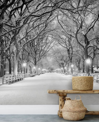 mural de papel de parede monocromático personalizado de Nova York chamado Central Park Covered in Snow para salas de estar ou salas de jantar mural de papel de parede monocromático personalizado de Nova York chamado Central Park Covered in Snow para salas de estar ou salas de jantar