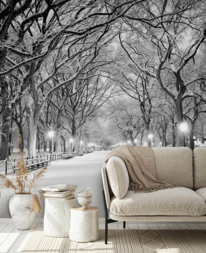 monochrome custom New York wallpaper mural called Central Park Covered in Snow for living rooms or dining rooms