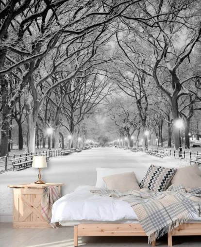 monokrom tilpasset New York tapetmaleri kalt Central Park Covered in Snow for stuer eller spisestuer