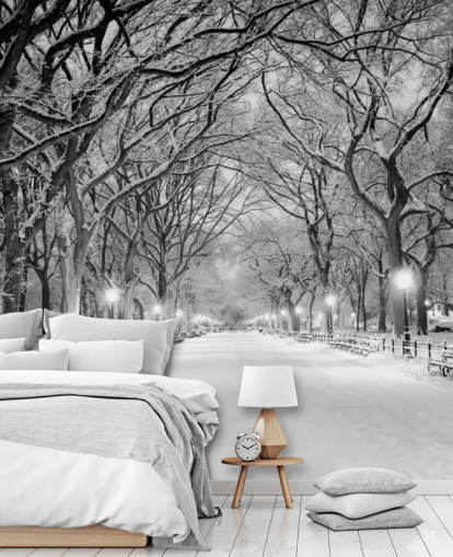 carta da parati murale monocromatica personalizzata di New York chiamata Central Park Covered in Snow per salotti o sale da pranzo