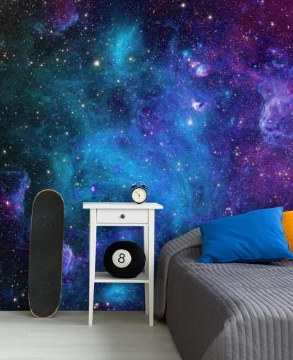 paars en blauw aanpasbaar nevelbehang genaamd Galaxy voor slaapkamers