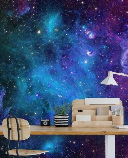 papier peint nébuleuse personnalisable violet et bleu appelé Galaxy pour les chambres