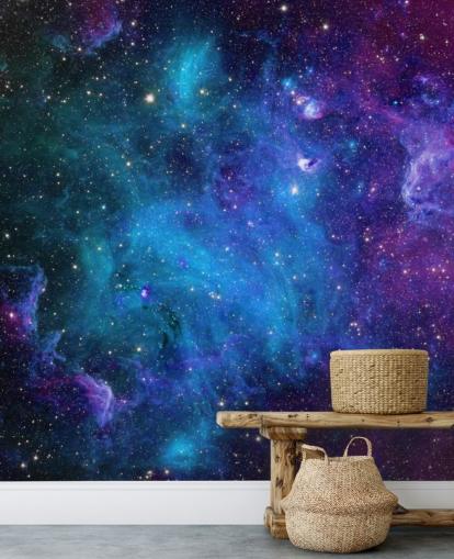 papier peint nébuleuse personnalisable violet et bleu appelé Galaxy pour les chambres