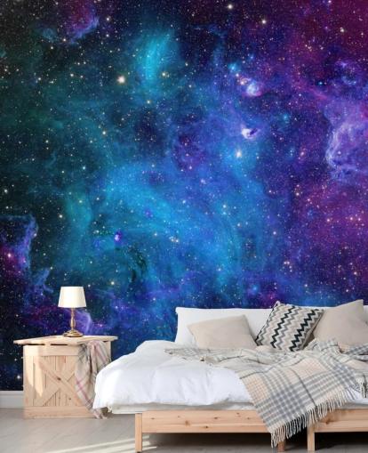 lilla og blå tilpasselig tågetapet kaldet Galaxy til soveværelser