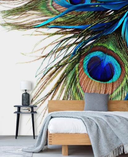 mural de papel pintado personalizado de pavo real azul, verde y blanco llamado Large Peacock Feathers para dormitorios mural de papel pintado personalizado de pavo real azul, verde y blanco llamado Large Peacock Feathers para dormitorios
