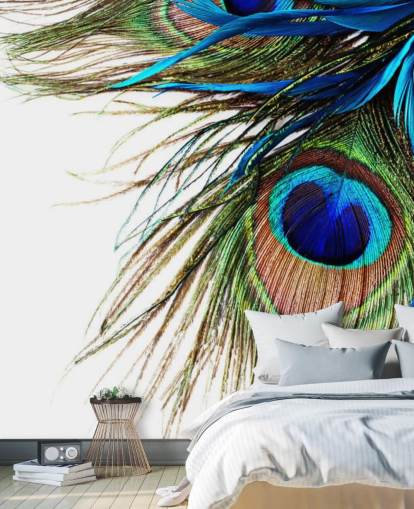 mural de papel pintado personalizado de pavo real azul, verde y blanco llamado Large Peacock Feathers para dormitorios